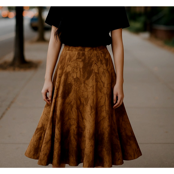 Lauren Ralph Lauren Midi Skirt Women 6 Brown 100% Linen Full Artsy Abstract Boho - Picture 1 of 9